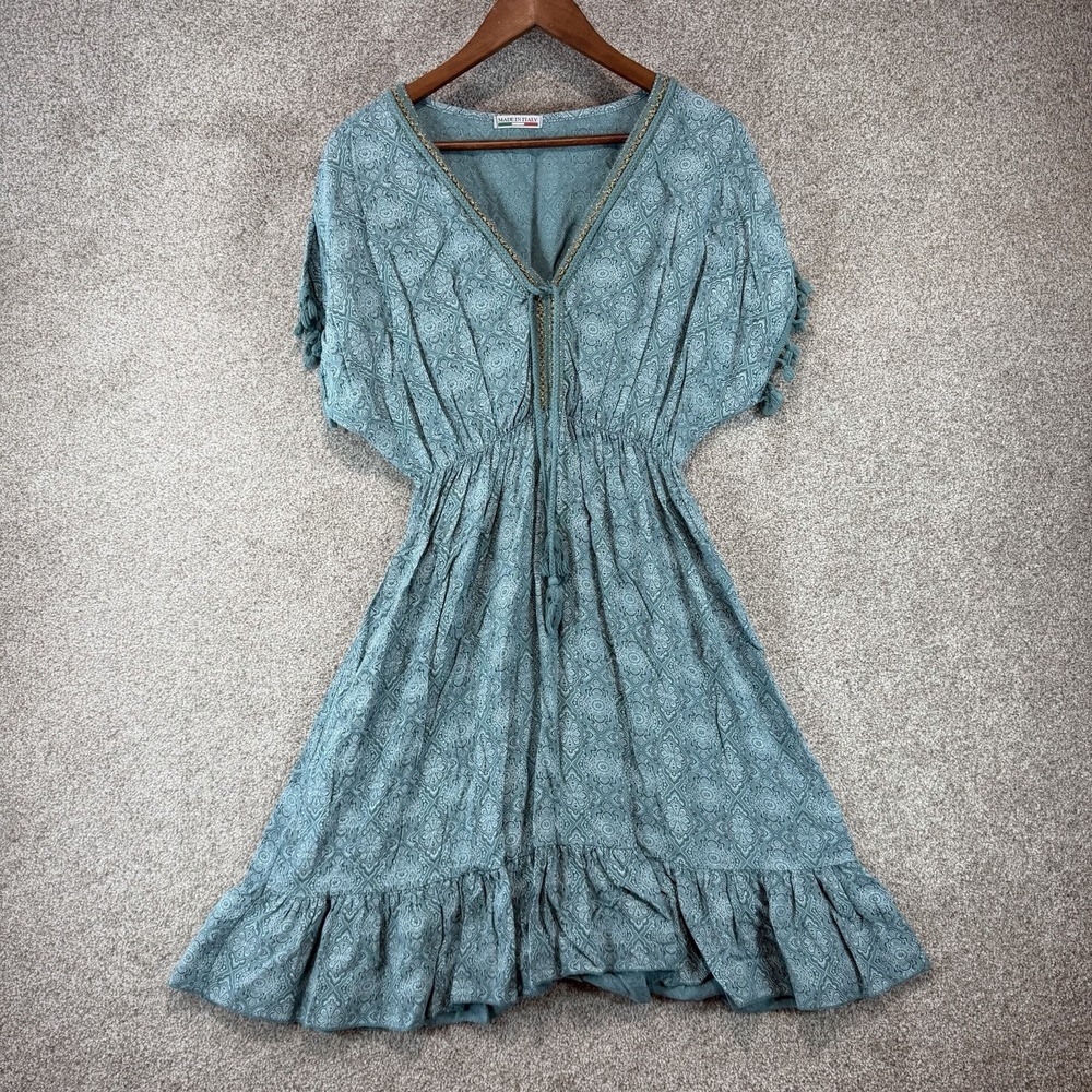 Boho Festival Summer Midi Dress Italy S/M Tassle Fringe Blue Kaftan Style *Flaw*